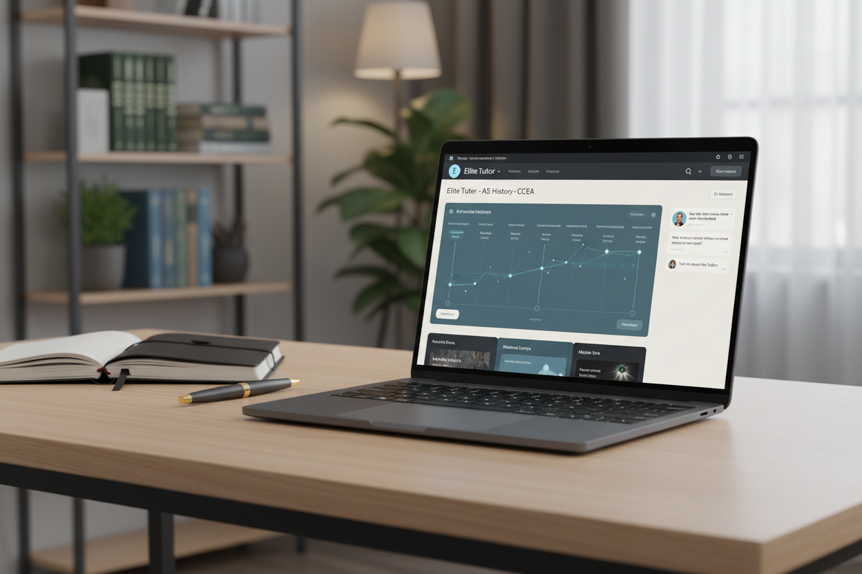 Elite Tutor AS History digital revision tool on a laptop in a modern study setting